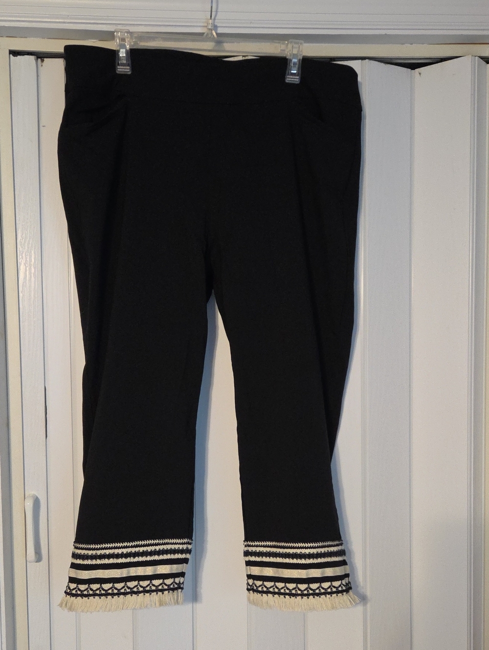 Chico's Black Cropped Pants with Cream Embroidered Trim and Fringe